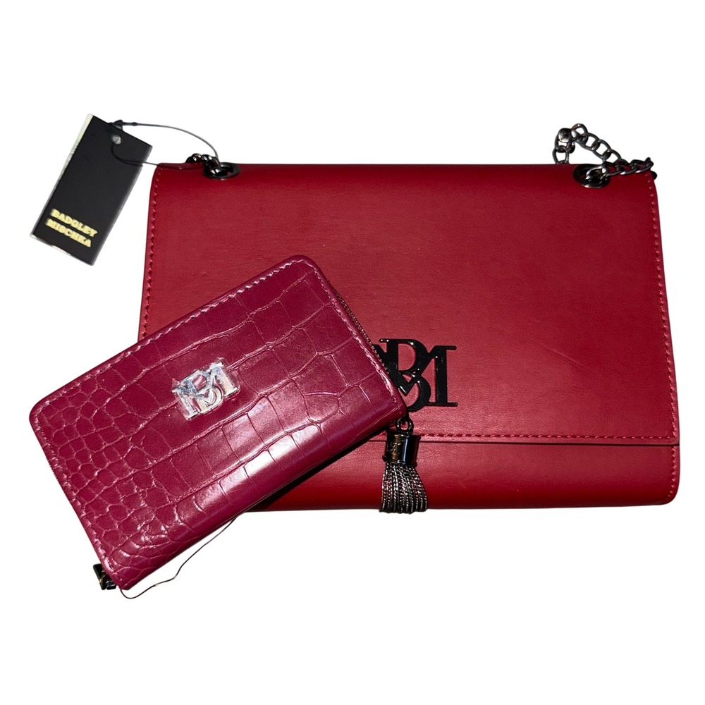 Badgley Mischka Bundle - Wine Red Purse and Croco Embossed Vegan Leather Wallet